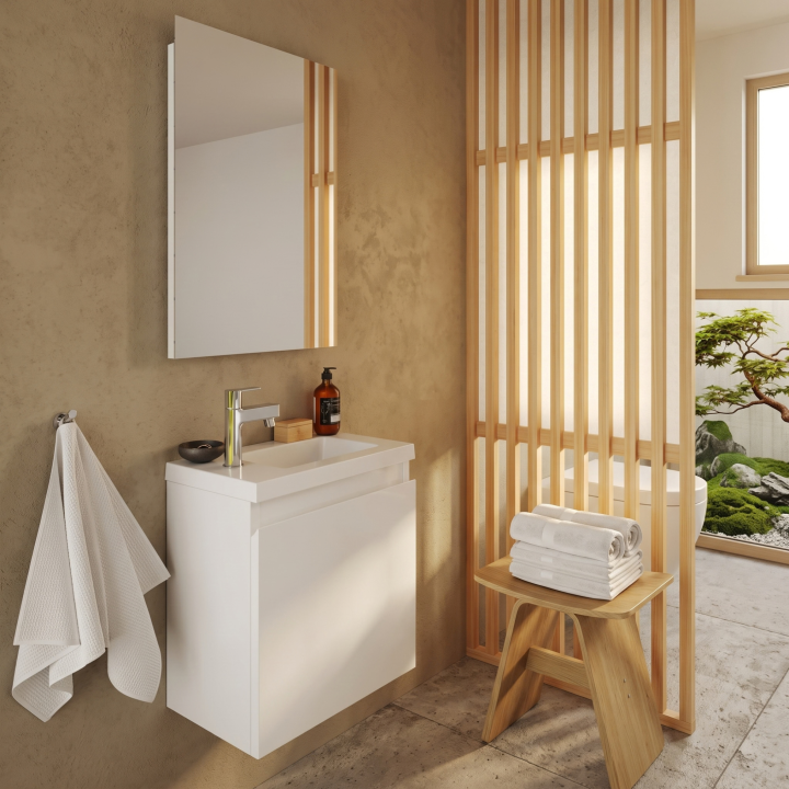 Meuble WC Lave-Mains Polo 40cm Blanc Brillant + Miroir