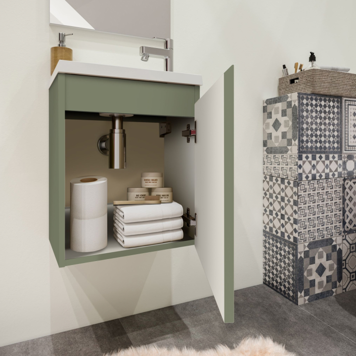 Meuble WC Lave-Mains Polo 40cm Vert de Gris Mat + Miroir