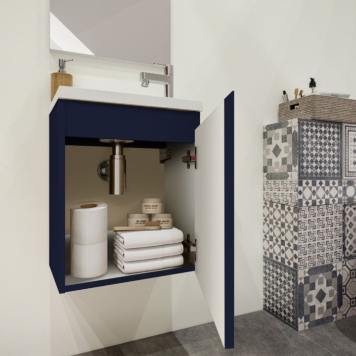 Meuble WC Lave-Mains Polo 40cm Bleu Nuit Mat + Miroir