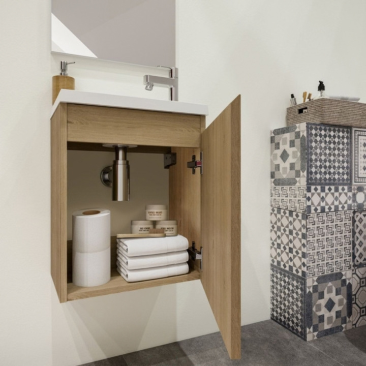 Meuble WC Lave-Mains Polo 40cm Chêne Hamilton + Miroir