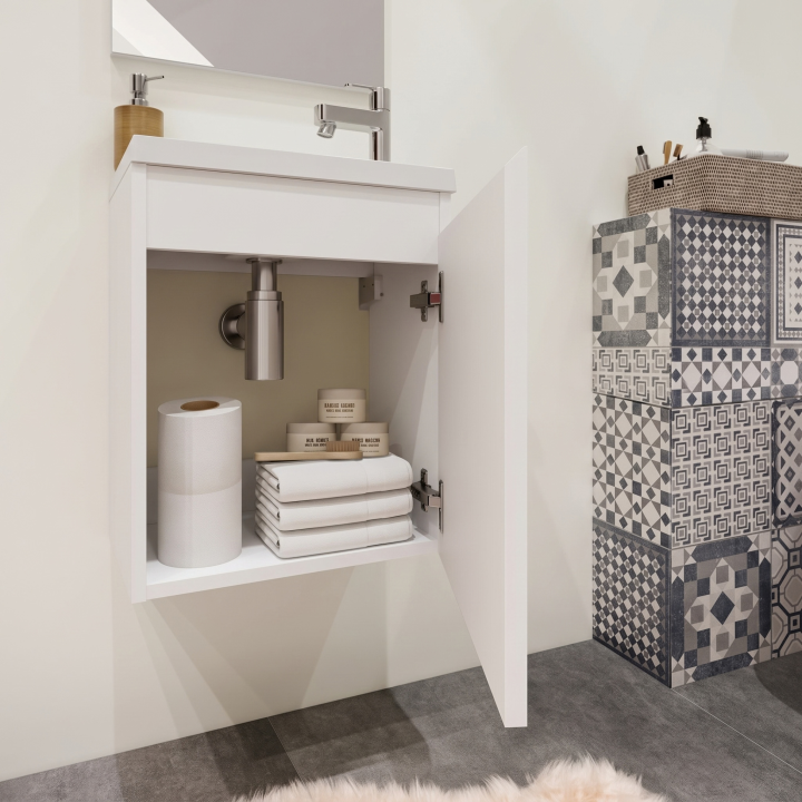 Meuble WC Lave-Mains Polo 40cm Blanc Brillant + Miroir