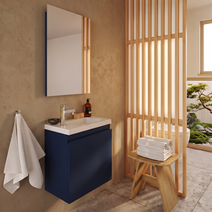 Meuble WC Lave-Mains Polo 40cm Bleu Nuit Mat + Miroir