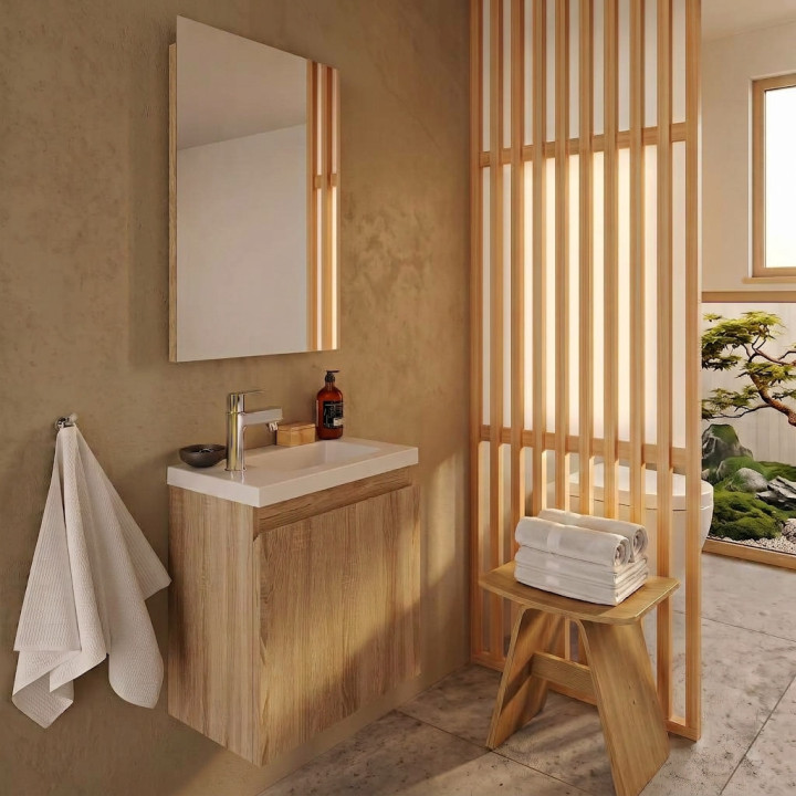 Ensemble Meuble WC Lave-mains 40 cm avec vasque et miroir - Effet bois chêne hamilton - sans robinetterie - Polo
