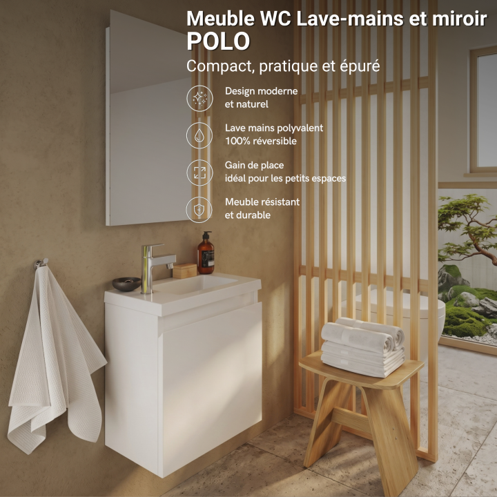 Meuble WC Lave-Mains Polo 40cm Blanc Brillant + Miroir