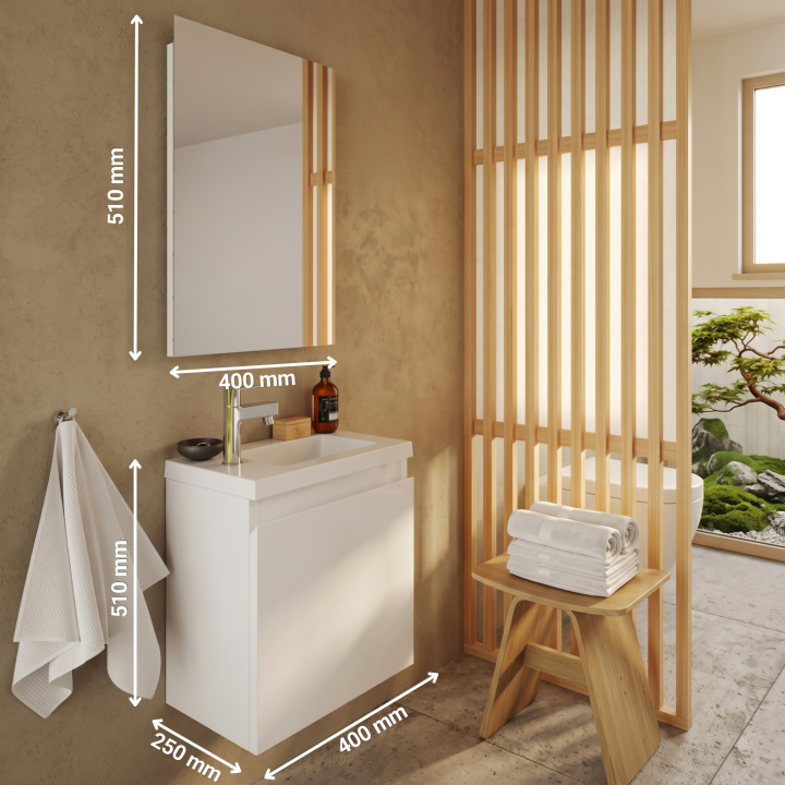 Meuble WC Lave-Mains Polo 40cm Blanc Brillant + Miroir