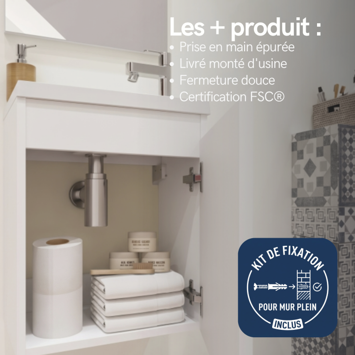 Meuble WC Lave-Mains Polo 40cm Blanc Brillant + Miroir