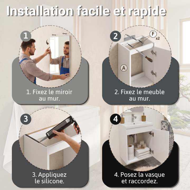 Meuble WC Lave-Mains Polo 40cm Blanc Brillant + Miroir