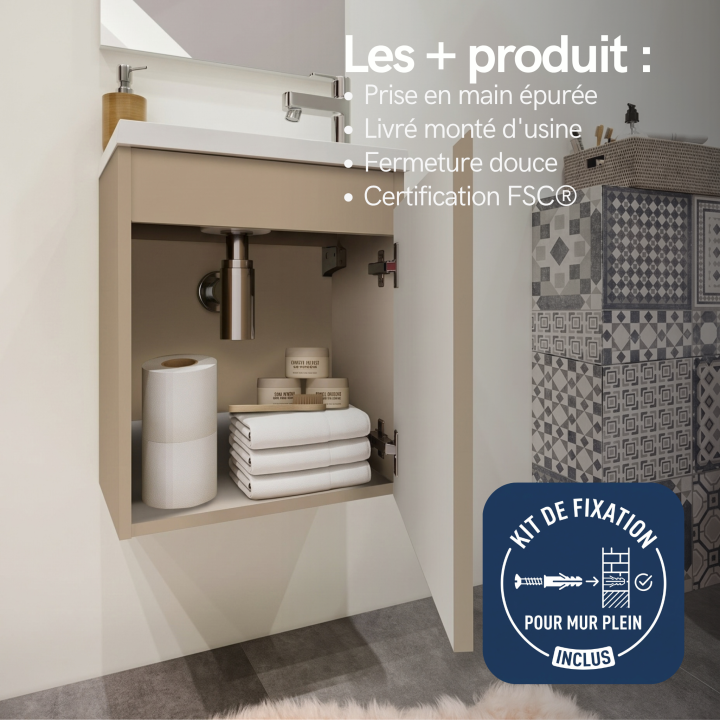 Meuble WC Lave-Mains Polo 40cm Cachemire Mat + Miroir