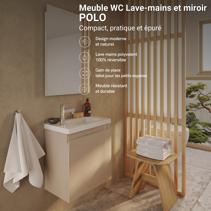 Meuble WC Lave-Mains Polo 40cm Cachemire Mat + Miroir