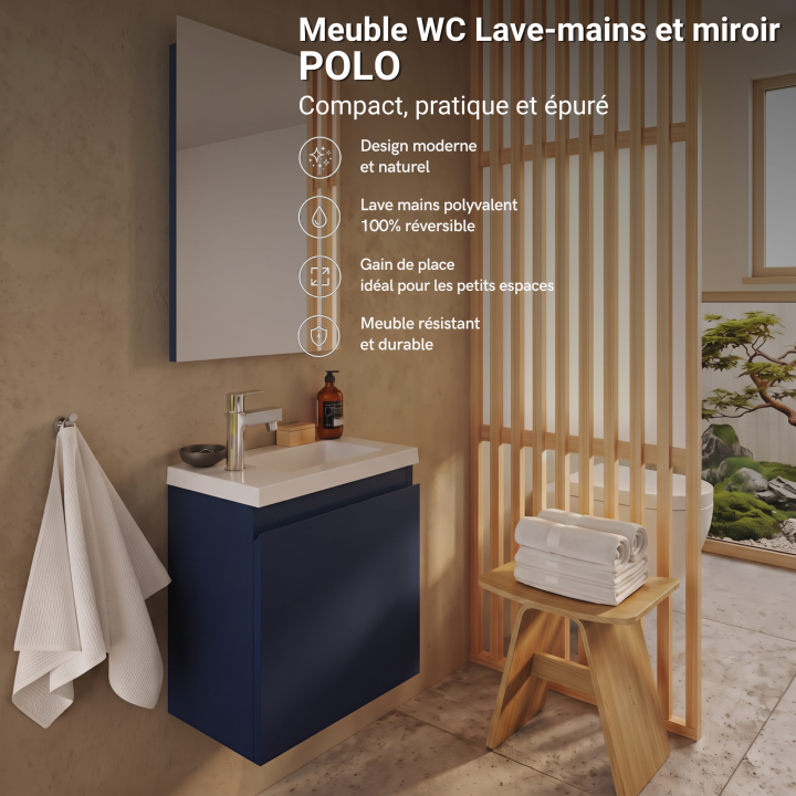 Meuble WC Lave-Mains Polo 40cm Bleu Nuit Mat + Miroir