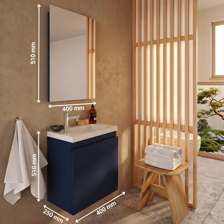 Meuble WC Lave-Mains Polo 40cm Bleu Nuit Mat + Miroir