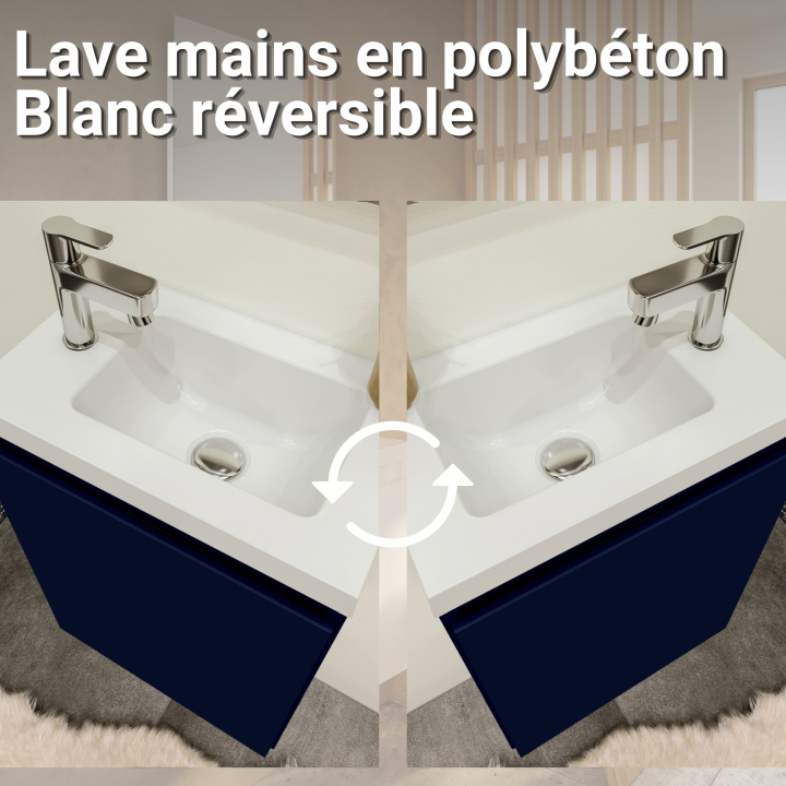 Meuble WC Lave-Mains Polo 40cm Bleu Nuit Mat + Miroir