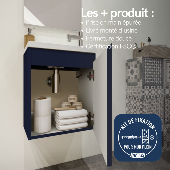 Meuble WC Lave-Mains Polo 40cm Bleu Nuit Mat + Miroir