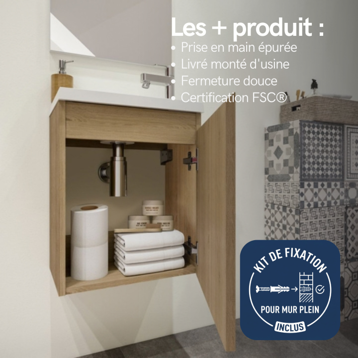 Meuble WC Lave-Mains Polo 40cm Chêne Hamilton + Miroir