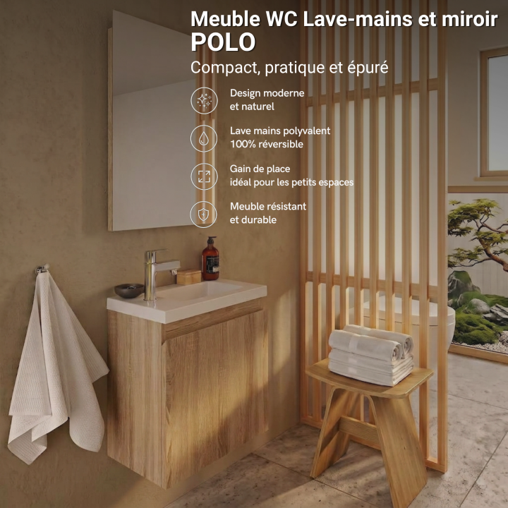 Meuble WC Lave-Mains Polo 40cm Chêne Hamilton + Miroir