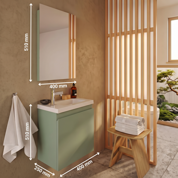 Meuble WC Lave-Mains Polo 40cm Vert de Gris Mat + Miroir