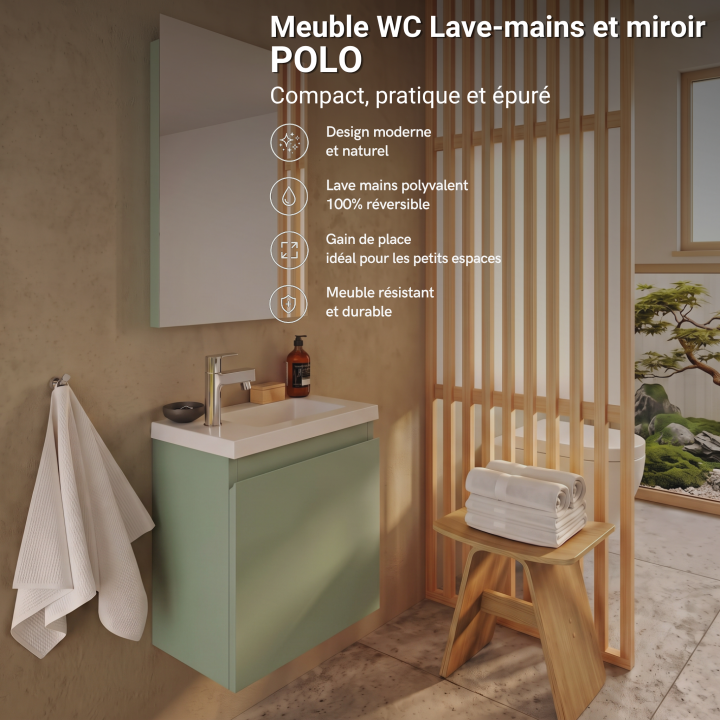 Meuble WC Lave-Mains Polo 40cm Vert de Gris Mat + Miroir
