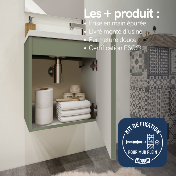 Meuble WC Lave-Mains Polo 40cm Vert de Gris Mat + Miroir