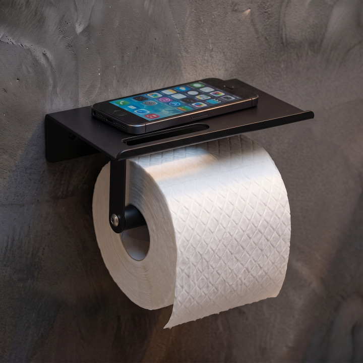 Dérouleur Porte-papier toilette avec tablette noir mat en acier - Walli Wenko