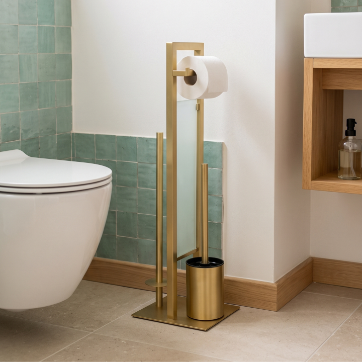 Serviteur WC sur pied inox or mat et verre blanc Rivalta | PlaneteBain