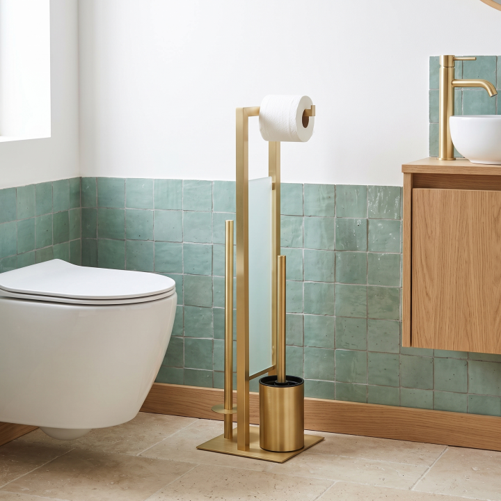Serviteur WC sur pied inox or mat et verre blanc Rivalta | PlaneteBain