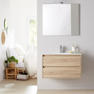 Ensemble meuble salle de bain 80 cm - plan vasque céramique - miroir et led - Effet Chêne Cambrian - A suspendre - Siris