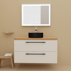 Meuble de salle de bain pour vasque à poser 100 cm couleur blanc avec plan chêne avec pieds et poignets noir mats  - So matt