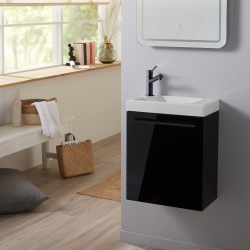 meuble pour WC noir brillant avec vasque en céramique blanche et mitigeur noire