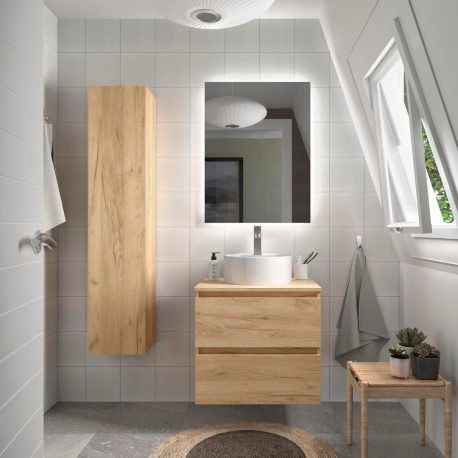 Colonne de salle de bain bois naturel avec panier linge Armoire