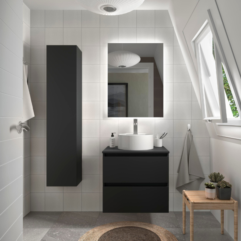 Plan de toilette et meuble de salle de bain noir mat à suspendre 70 cm