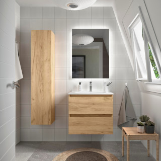 Meuble salle de bain - 70 cm - Avec plan vasque - Effet chêne brut - A suspendre - KARAIB