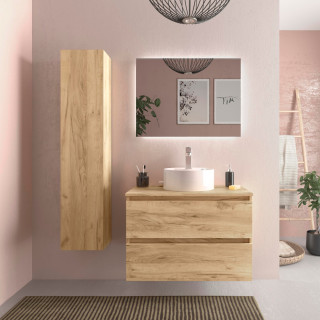 Meuble de salle de bain - 80 cm - Avec vasque à poser - Effet chêne brut - A suspendre - KARAIB