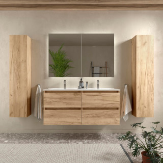 Meuble salle de bain - 120 cm -  Plan double vasques céramique - Effet chêne brut - A suspendre - KARAIB
