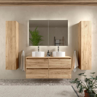 Meuble salle de bain - 120 cm - Double vasques à poser - Effet chêne brut - A suspendre - KARAIB