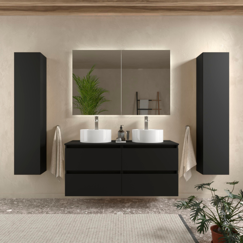 Meuble salle de bain gris avec panier à linge intégré Armoire