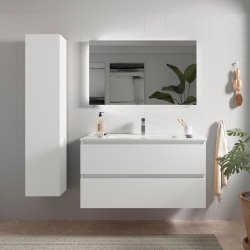 Meuble salle de bain - 100 cm - avec plan vasque - blanc mat - A suspendre - KARAIB