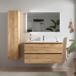 Meuble salle de bain - 100 cm - avec plan vasque - Effet chêne brut - A suspendre - KARAIB