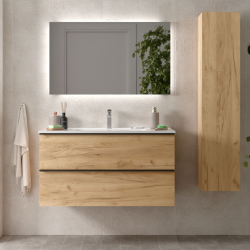 Meuble salle de bain - 100 CM - avec plan vasque - Effet chêne brut - poignées noires - A suspendre - ARUBA