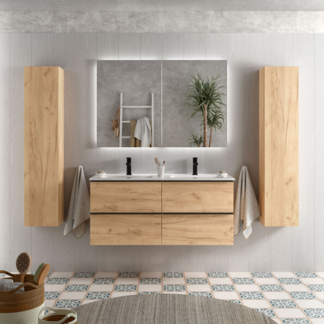 Meuble salle de bain - 120 CM - avec plan vasque - Effet chêne brut - poignées noires - A suspendre - ARUBA
