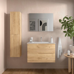 Meuble salle de bain - 80 cm - avec plan vasque - Effet chêne brut - A suspendre - TANIDA