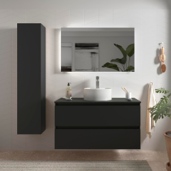Meuble salle de bain - 100 cm - avec vasque à poser - Noir mat - A suspendre - KARAIB