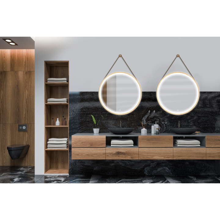 MIROIR SALLE DE BAIN ROND AVEC SANGLE - 75 CM - AVEC LED - BARBER CHÊNE
