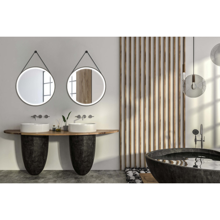 MIROIR SALLE DE BAIN ROND AVEC SANGLE - 75 CM - AVEC LED - BARBER BLACK