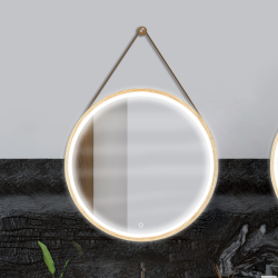 MIROIR SALLE DE BAIN ROND AVEC SANGLE - 75 CM - AVEC LED - BARBER CHÊNE