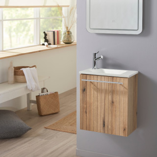 Pack lave-mains Bois Strié avec vasque design blanche - Mitigeur à gauche - L.42.5 X H. 48.6 cm - Hanos