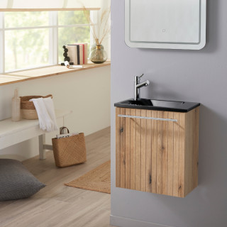 Pack lave-mains Bois Strié avec vasque design noire - Mitigeur à gauche - L.42.5 X H. 48.6 cm - Hanos