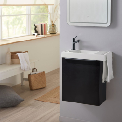 Pack lave-mains Meuble Noir mat avec Poignée noire et porte serviette - robinetterie eau froide à gauche - L.48XH.52.5 cm