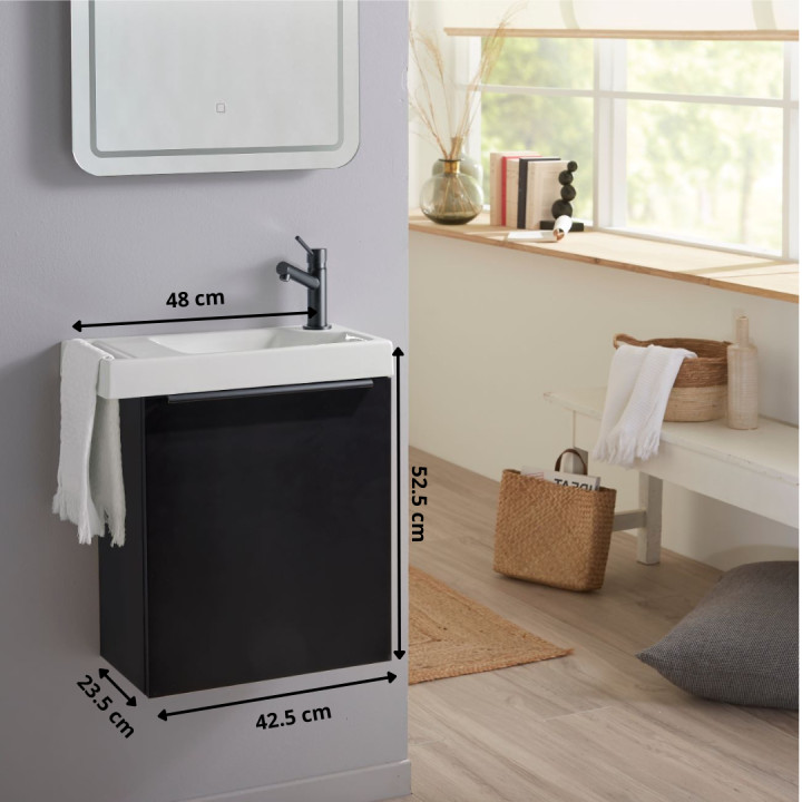 Pack lave-mains Meuble Noie mat et Poignée noire et porte serviette - robinetterie eau froide à droite - L.48 X H.52.5 cm