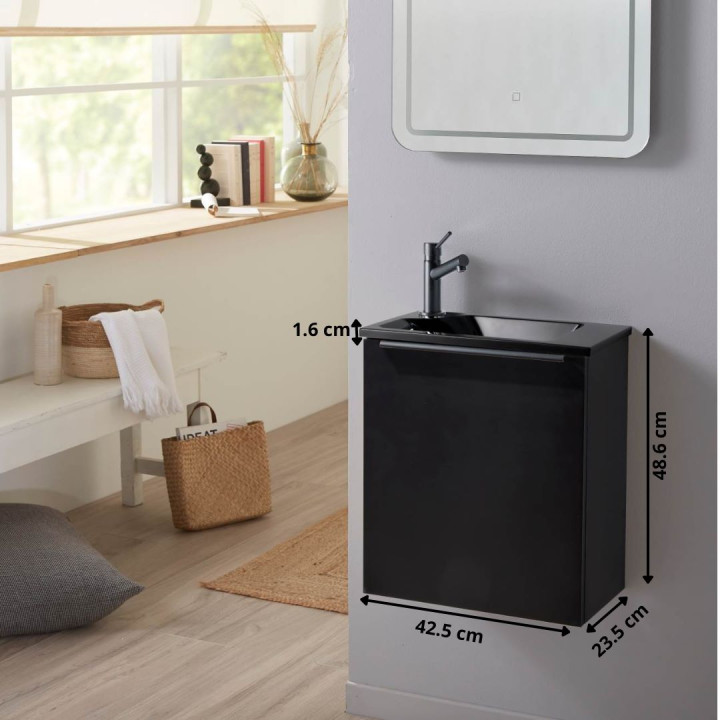 Pack lave-mains Noir Mat et poignée noire avec lave-mains extra fin noir - Robinet Eau froide à gauche -L.42.5 X H.48.6cm