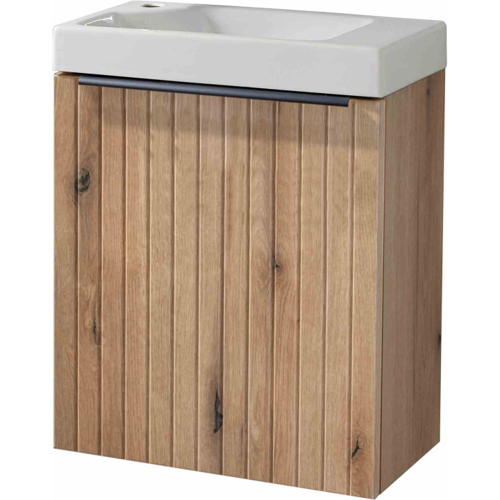 Pack lave-mains Bois Strié avec lave-mains en céramique - Robinetterie Eau froide à gauche- L.42.5 X H.52.5 cm - Hamac 2